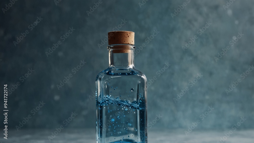Blue-tinted water splashes gently around a rectangular bottle. Blue-tinted water splashes gently around a rectangular bottle.