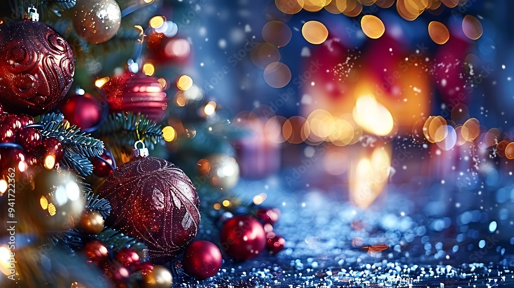 A cozy, traditional living room featuring a Christmas tree adorned with red and gold baubles, softly glowing lights creating a blurred, warm ambiance. The fireplace flickers gently, A cozy, traditional living room featuring a Christmas tree adorned with red and gold baubles, softly glowing lights creating a blurred, warm ambiance. The fireplace flickers gently,