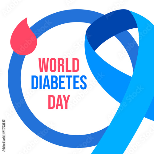 Blue Circle, Globe and Reminder Date of World Diabetes Day, Vector Illustration.