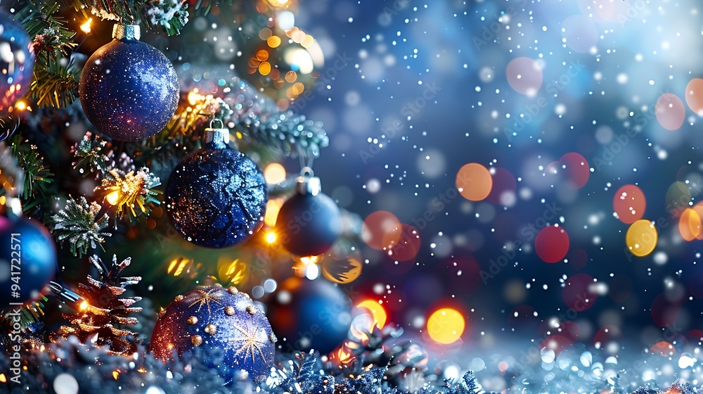 A dark and elegant Christmas tree adorned with midnight blue and silver baubles, softly glowing against a backdrop of cool-toned lights. The setting is serene and mysterious, A dark and elegant Christmas tree adorned with midnight blue and silver baubles, softly glowing against a backdrop of cool-toned lights. The setting is serene and mysterious,