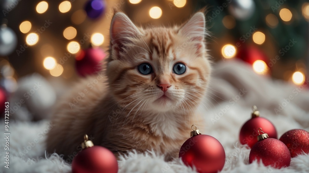 Cute Kitten Looking Upwards Among Christmas Decorations. Cute Kitten Looking Upwards Among Christmas Decorations.