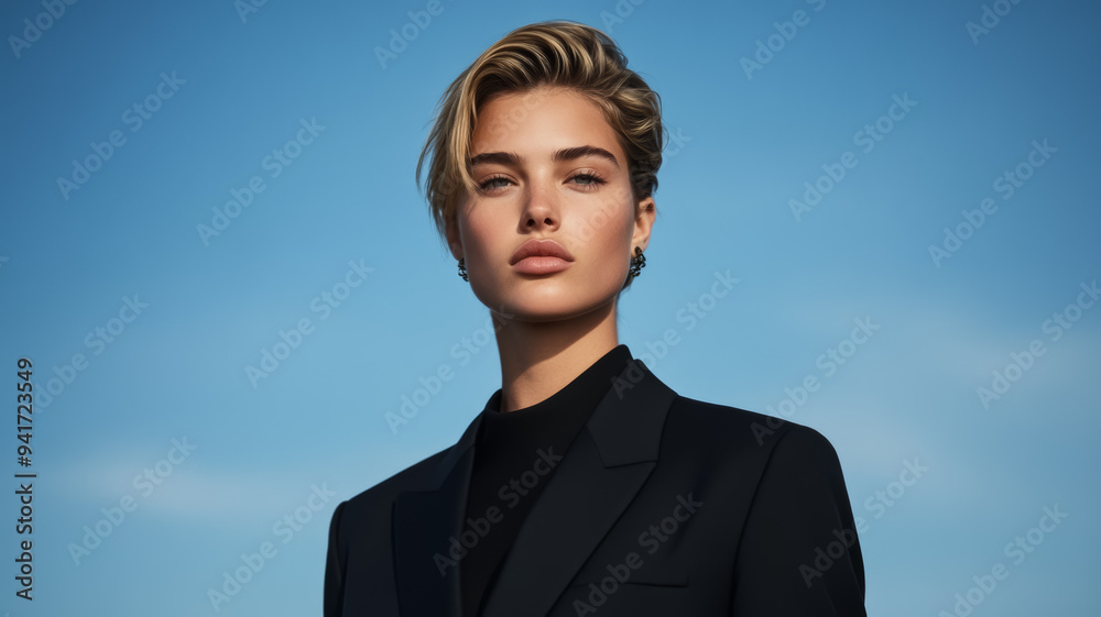 Androgynous model with ethereal beauty wearing a deconstructed suit blending sharp lines with soft details strong pose with a serene expression high-fashion editorial Androgynous model with ethereal beauty wearing a deconstructed suit blending sharp lines with soft details strong pose with a serene expression high-fashion editorial
