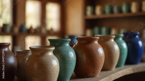 Pottery and ceramics displayed in sunlit store interior.