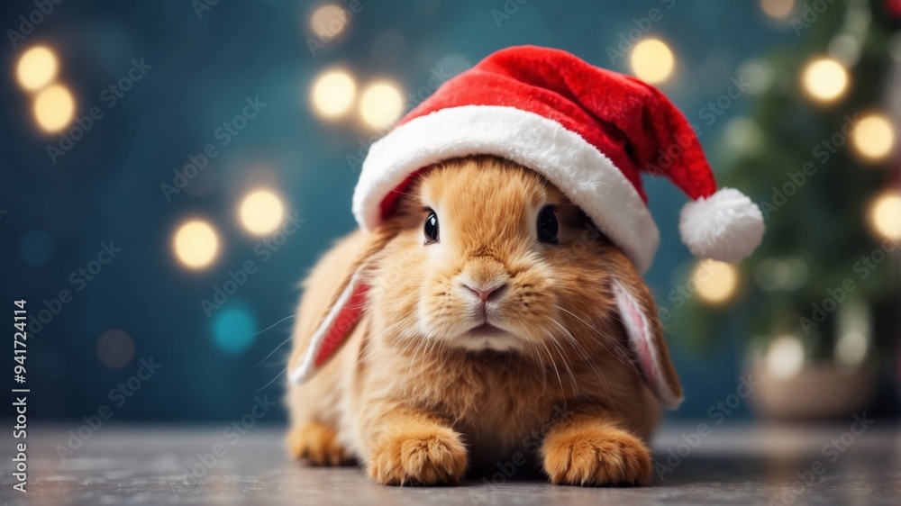 Cute Bunny Wearing Santa Hat During Christmas. Cute Bunny Wearing Santa Hat During Christmas.