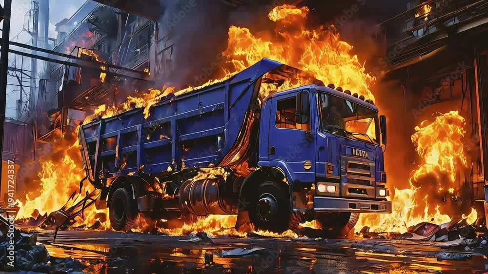 A blue truck engulfed in flames, parked in a factory setting. A blue truck engulfed in flames, parked in a factory setting.