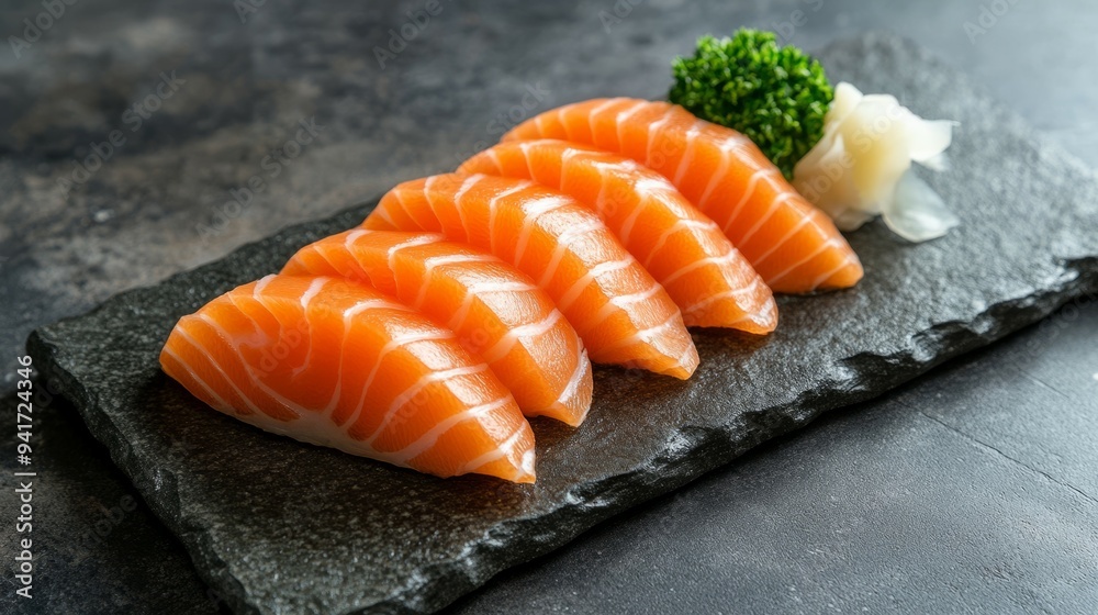 Fresh slices of salmon nigiri served on a dark stone platter with garnish and wasabi Fresh slices of salmon nigiri served on a dark stone platter with garnish and wasabi