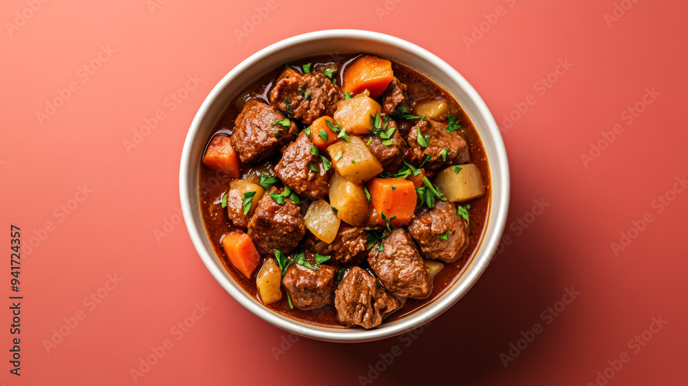 Bowl of hearty beef stew with tender chunks of meat, root vegetables, and rich gravy, rustic vibes set against a gradient background from deep red to earthy brown 