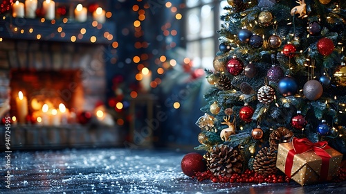 A forest-inspired Christmas tree decorated with animal ornaments, pinecones, and natural decorations, glowing softly with blurred green lights. The tree is surrounded by rustic furniture and a cozy,