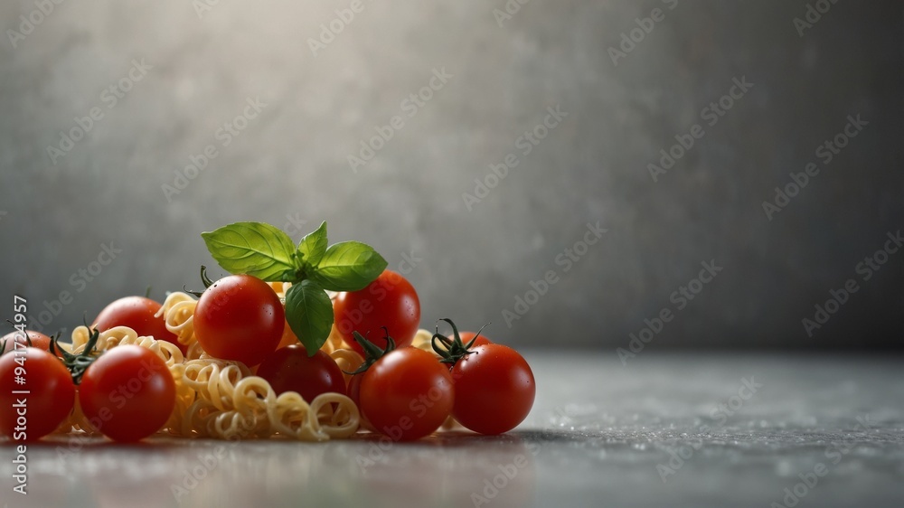 Pasta with cherry tomatoes and basil on a light background. Pasta with cherry tomatoes and basil on a light background.