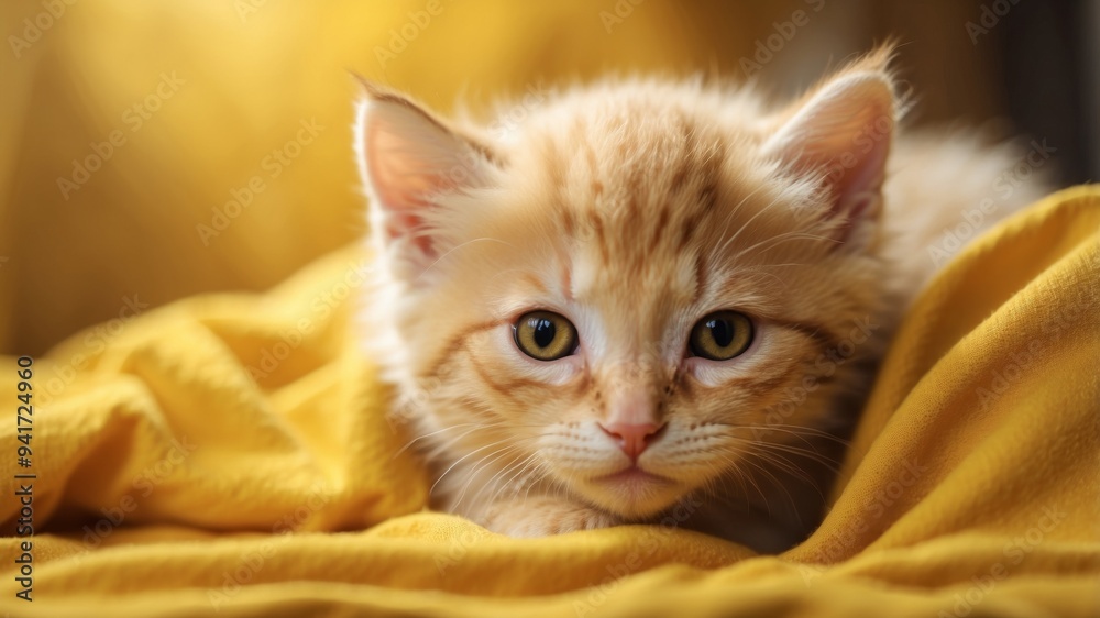 Cute Kitten Snuggling in a Yellow Blanket. Cute Kitten Snuggling in a Yellow Blanket.