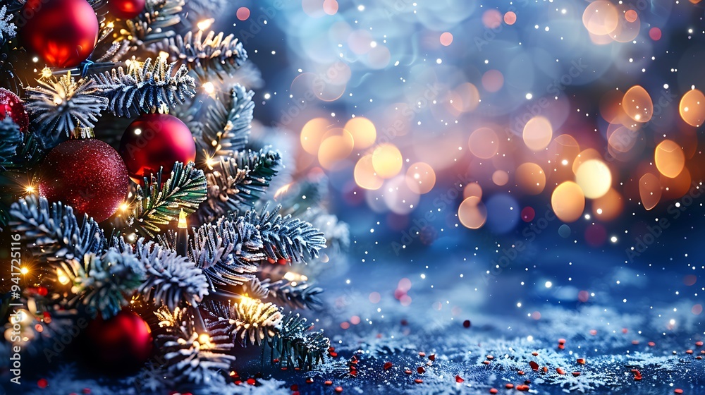 A frosted Christmas tree adorned with snowflake ornaments and icy blue baubles, softly glowing against a backdrop of blurred cool-toned lights. The setting is tranquil and frosty, A frosted Christmas tree adorned with snowflake ornaments and icy blue baubles, softly glowing against a backdrop of blurred cool-toned lights. The setting is tranquil and frosty,