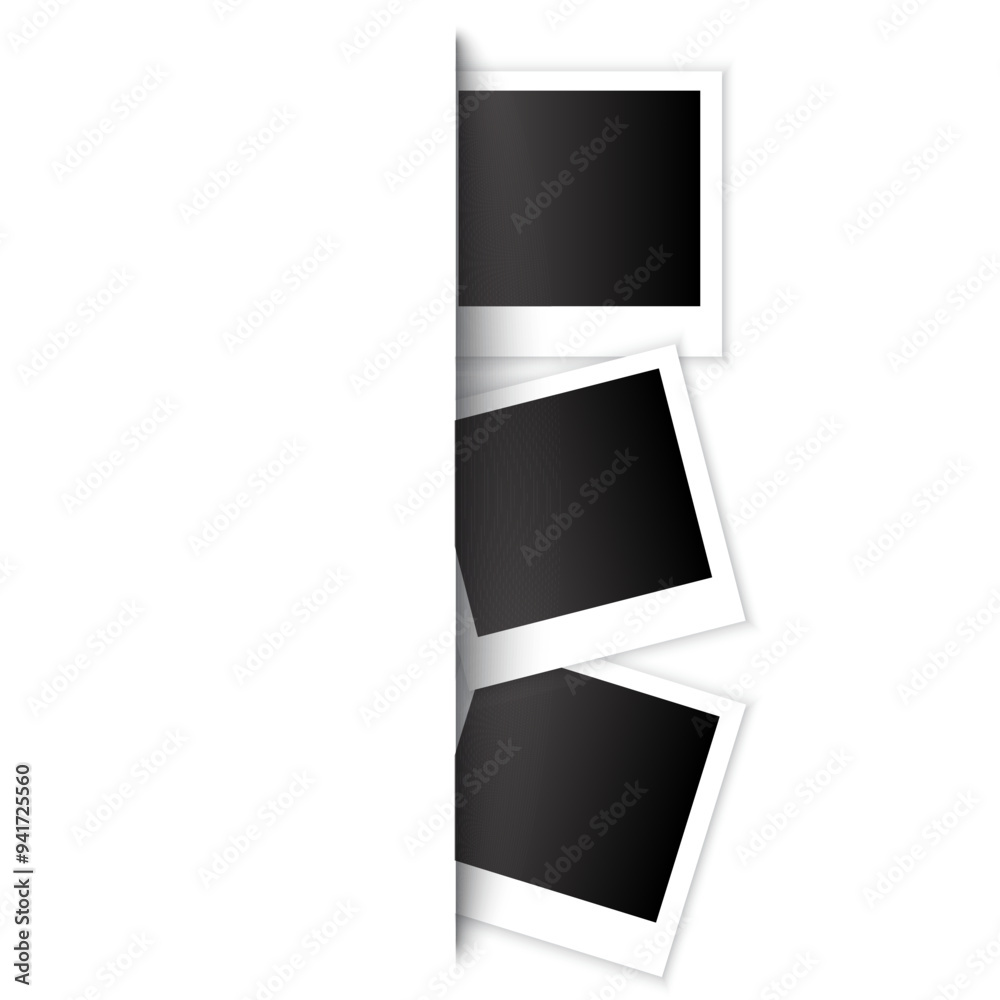 Photo stack illustration. Blank polaroid frames. Simple white borders. Overlapping black inserts. Photo stack illustration. Blank polaroid frames. Simple white borders. Overlapping black inserts.