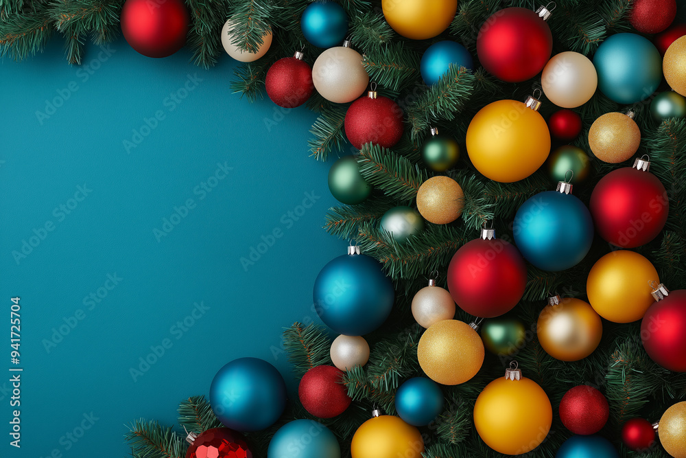 Christmas and New Year tree decorations in deep blue, vibrant red, pale yellow, and seafoam green color palette Christmas and New Year tree decorations in deep blue, vibrant red, pale yellow, and seafoam green color palette