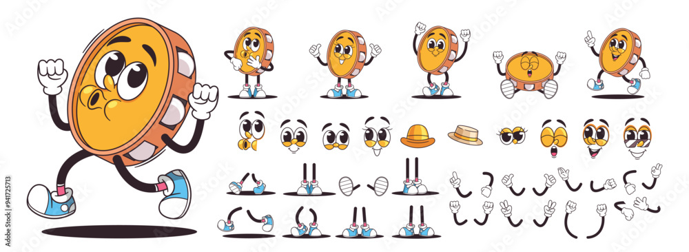 Fototapeta premium Retro Cartoon Tambourine Character With Various Emotional Expressions And Different Poses. Funny And Playful Elements