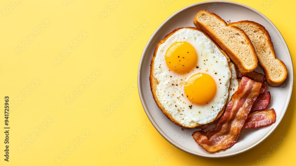 Classic breakfast of sunny-side-up eggs, crispy bacon, and toast, neatly arranged with empty space on the right side for text, neutral gradient background Classic breakfast of sunny-side-up eggs, crispy bacon, and toast, neatly arranged with empty space on the right side for text, neutral gradient background