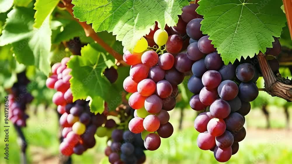 A close-up shot of two bunches of red grapes hanging from a vine with green leaves in the background. A close-up shot of two bunches of red grapes hanging from a vine with green leaves in the background.