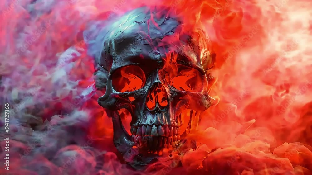 A dark blue skull emerges from a fiery red and white smoke. A dark blue skull emerges from a fiery red and white smoke.