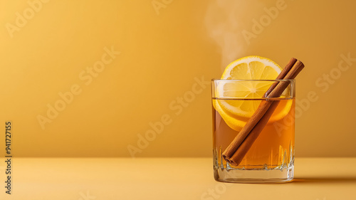 Cozy hot toddy with bourbon, honey, and lemon, topped with a cinnamon stick and cloves, warm steam rising against a gradient background transitioning from soft golden yellow to deep brown 