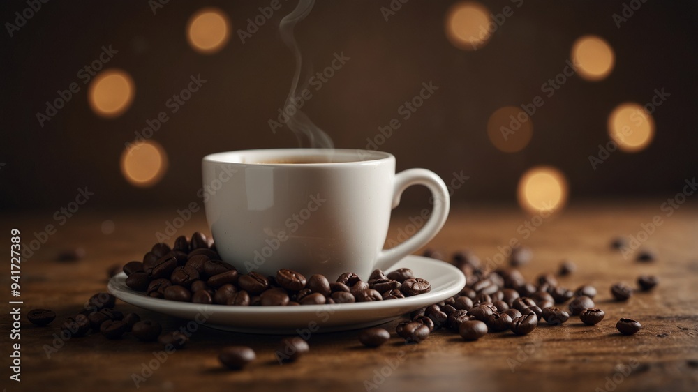 Cup of coffee with scattered coffee beans. Cup of coffee with scattered coffee beans.