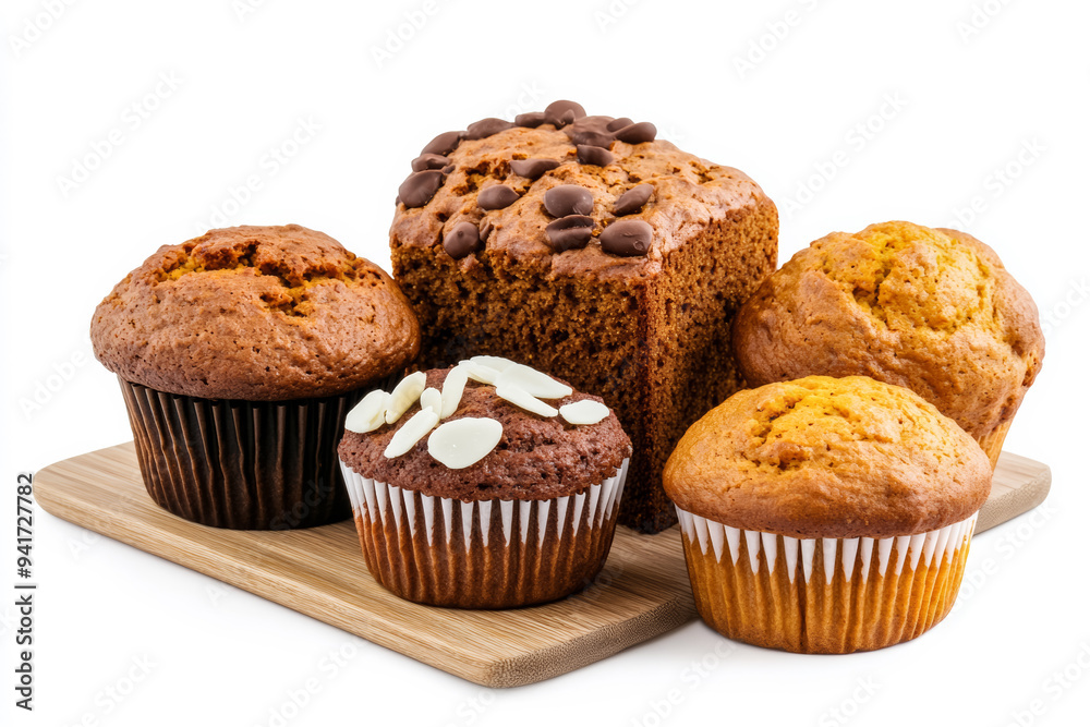 Delicious pumpkin bread and muffins on cozy home setting, isolated on a white background Delicious pumpkin bread and muffins on cozy home setting, isolated on a white background