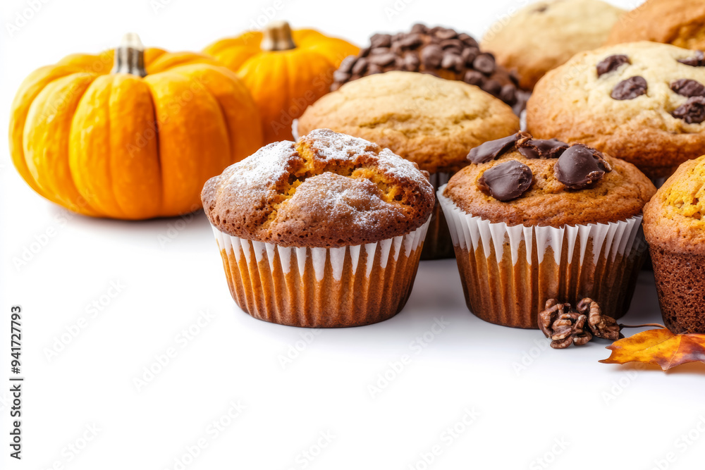 Delicious pumpkin bread and muffins on cozy home setting, isolated on a white background Delicious pumpkin bread and muffins on cozy home setting, isolated on a white background
