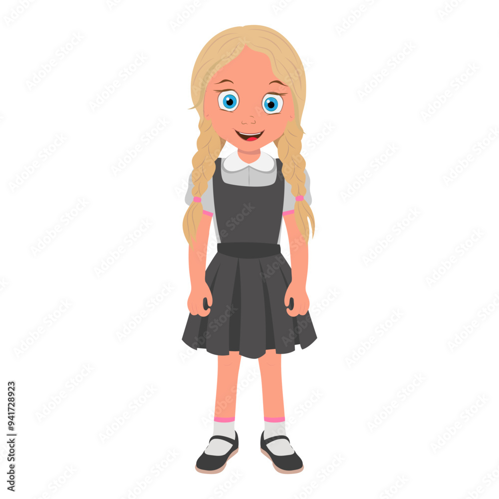 Flat Vector Illustration of Smiling Schoolgirl Wearing School Uniform and with Stack of Books, Cartoon Character Set For Animation, Various Views, Poses and Gestures. Item 5 Flat Vector Illustration of Smiling Schoolgirl Wearing School Uniform and with Stack of Books, Cartoon Character Set For Animation, Various Views, Poses and Gestures. Item 5