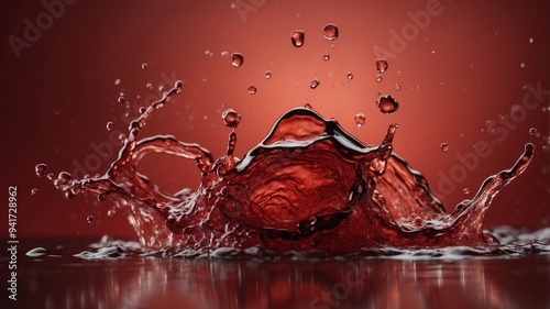 Black Liquid Splashing in Red Background. photo