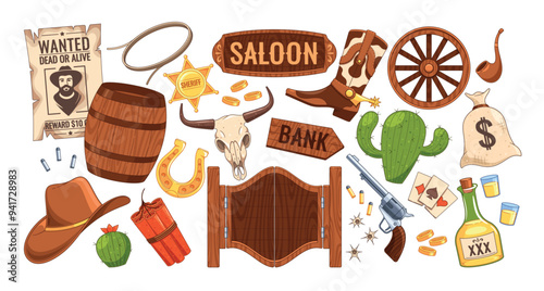 Cartoon Vector Wild West Elements Including Guns, Cacti, Whiskey Bottle, Cowboy Hat, Wanted Poster, And Sheriff Badge