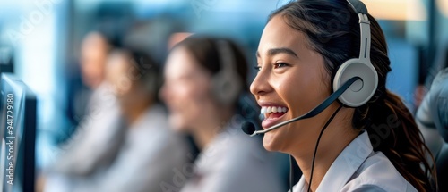 Cheerful customer service representative engages with clients, showcasing professionalism in a call center environment.