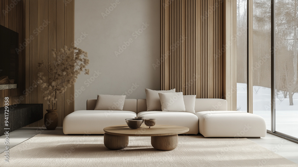 Japandi, minimalist interior design of modern living room