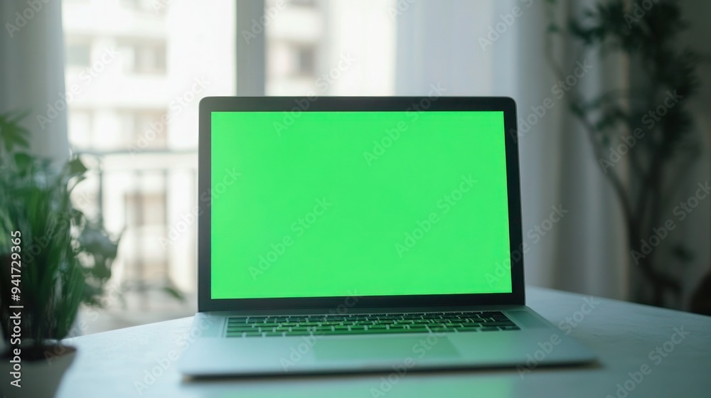 Fototapeta premium Mockup of laptop with green screen on table in room against a window