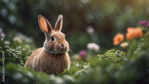 Curious Bunny with a Speech Bubble in a Lush Garden.