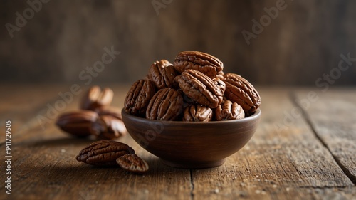 Bowl of unshelled pecans on a rustic wooden table. photo