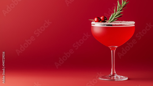 Festive autumn cocktail with spiced cranberry juice, vodka, and a rosemary sprig, served in a coupe glass with sugared rim, against a gradient background from rich red to golden brown 
