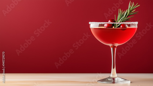 Festive autumn cocktail with spiced cranberry juice, vodka, and a rosemary sprig, served in a coupe glass with sugared rim, against a gradient background from rich red to golden brown 
