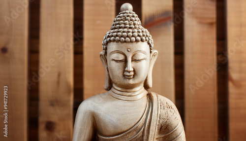 Buddha statue on wooden background. Symbol of satisfaction within, peace and happiness.