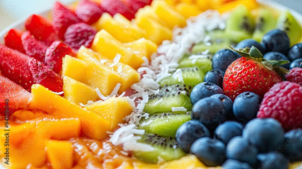 A close-up of a tropical smoothie bowl, with blended fruits, coconut flakes, and a colorful array of fresh fruits on top.