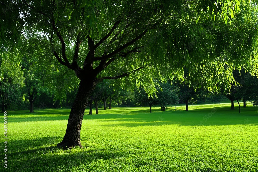 Obraz premium A sad willow tree in a tranquil grove, with the branches creating a natural, shaded space perfect for quiet reflection