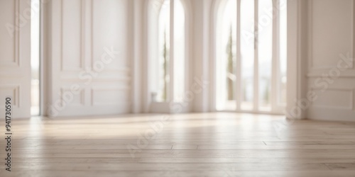 Classic white interior with wooden floor and door.