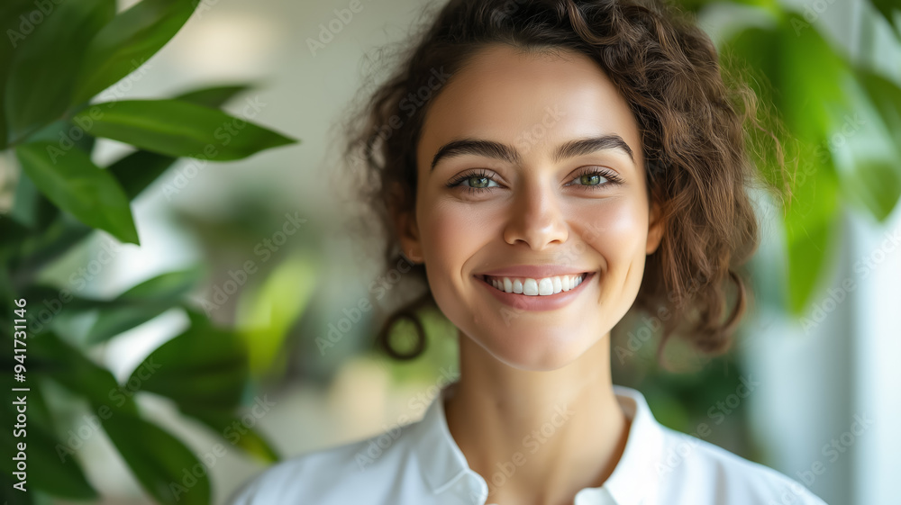 Happy employee smiling while working in a wellness-focused office sunlight streaming in ergonomic furniture greenery creating a supportive and mentally healthy workspace Happy employee smiling while working in a wellness-focused office sunlight streaming in ergonomic furniture greenery creating a supportive and mentally healthy workspace