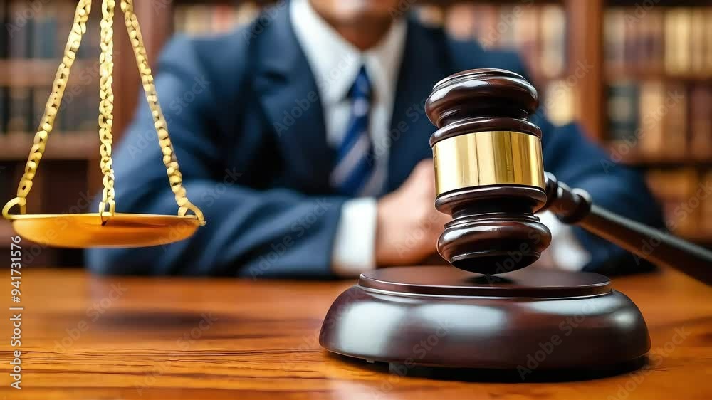 A judge's gavel and scales of justice on a wooden table.