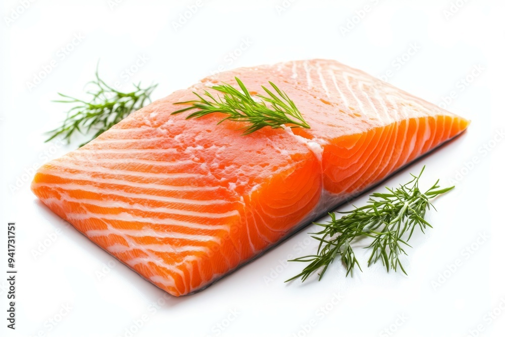 Fresh salmon fillet with green dill on a white background, perfect for culinary dishes and recipes Fresh salmon fillet with green dill on a white background, perfect for culinary dishes and recipes