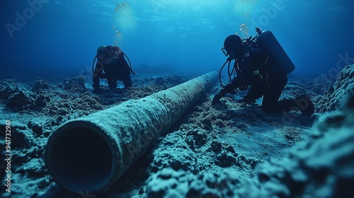 Underwater divers inspecting a large pipe in the deep blue ocean
