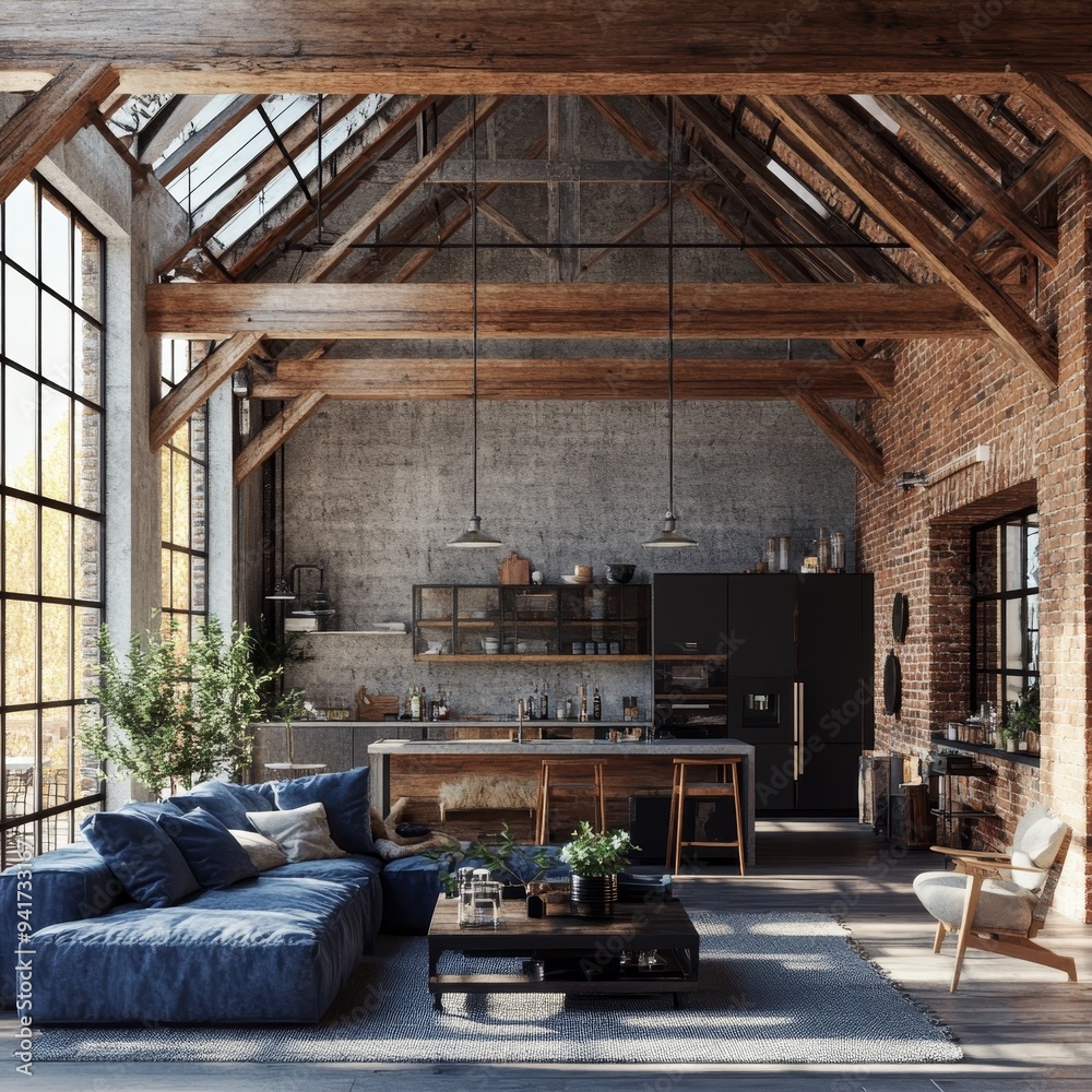 Industrial Chic Loft Low Angle View of a Spacious Living Room with Exposed Beams Brick Wall and a Large Blue Sofa Industrial Chic Loft Low Angle View of a Spacious Living Room with Exposed Beams Brick Wall and a Large Blue Sofa
