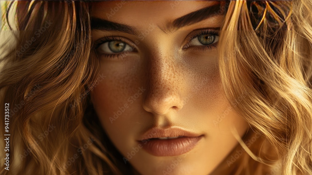 A close-up of a woman with flawless skin, highlighting her natural beauty and glowing complexion, framed by soft, loose waves of hair. A close-up of a woman with flawless skin, highlighting her natural beauty and glowing complexion, framed by soft, loose waves of hair.