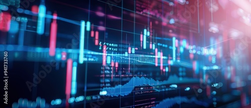 Close-up of a digital stock market chart displaying financial data trends with vibrant colors and dynamic visuals.