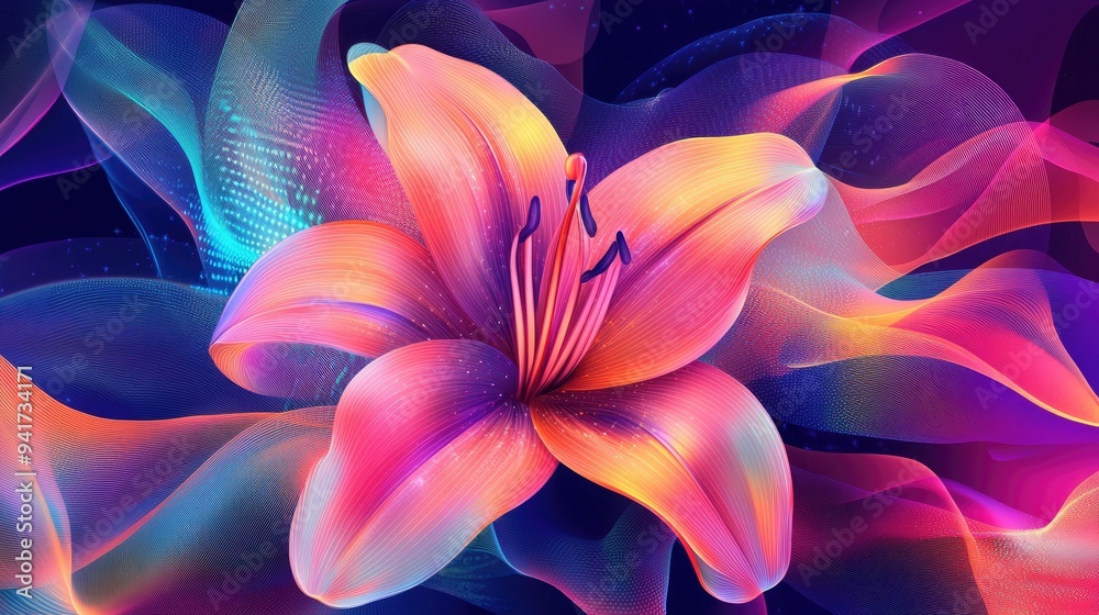 Abstract lily with neon geometric lines and a mix of vibrant colors, creating a captivating vector illustration background Abstract lily with neon geometric lines and a mix of vibrant colors, creating a captivating vector illustration background