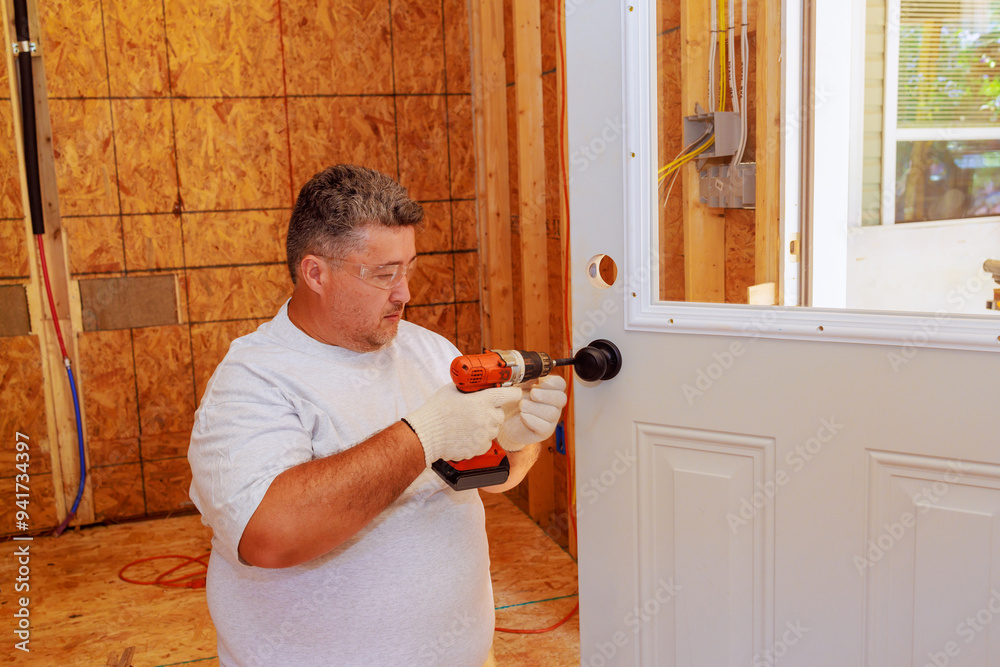 Professional locksmith installing lock on entrance door of house using screwdriver