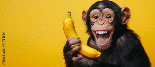 A cheerful monkey joyfully holding a banana against a bright yellow background, capturing a moment of playfulness and delight.