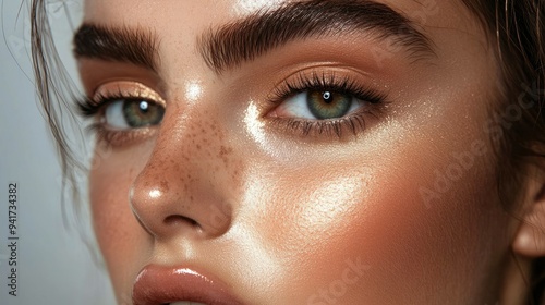 A close-up of face with full glam makeup, including shimmering highlighter, bold brows, and a perfectly blended eyeshadow palette.